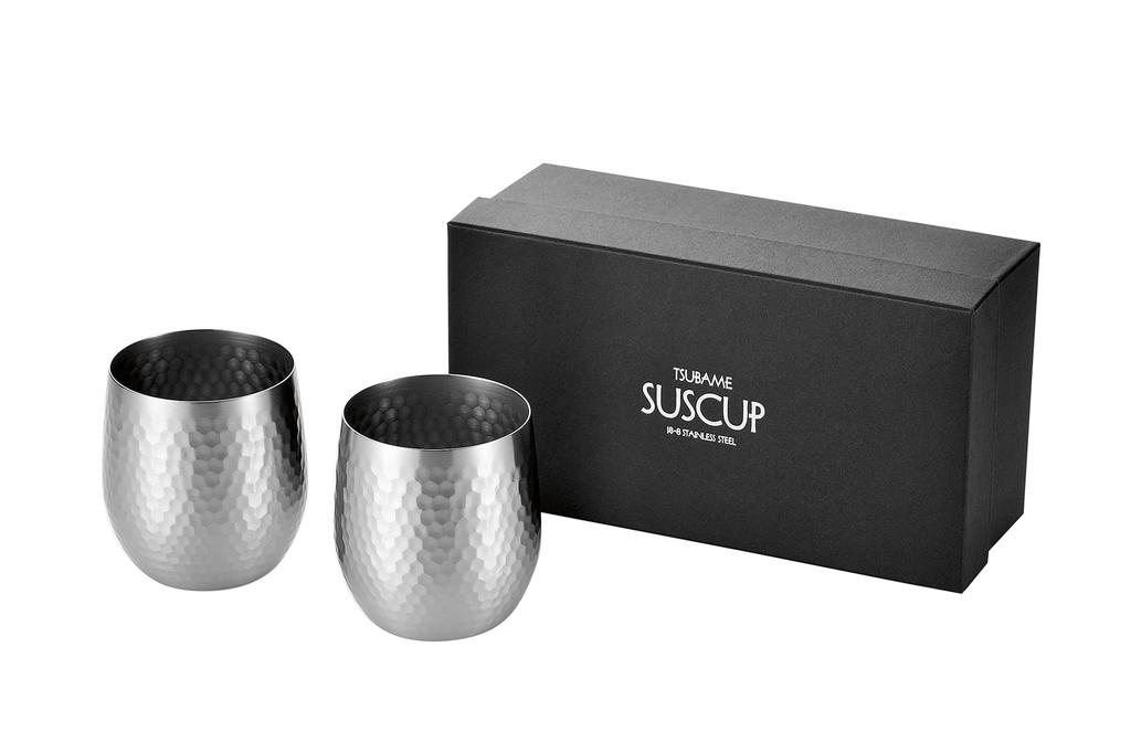 Asahi TSUBAME SUSCUP Hammered Rock Cup, 340ml, Set of 2, Gift Packaging