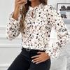 Kvinner Vår Høst Langermet Ruffles Stand Collar Printed Skjorte Bluse Topp