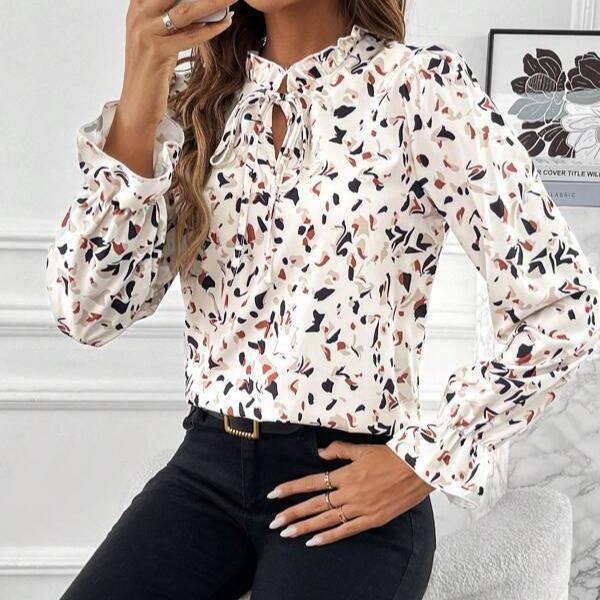 Kvinner Vår Høst Langermet Ruffles Stand Collar Printed Skjorte Bluse Topp