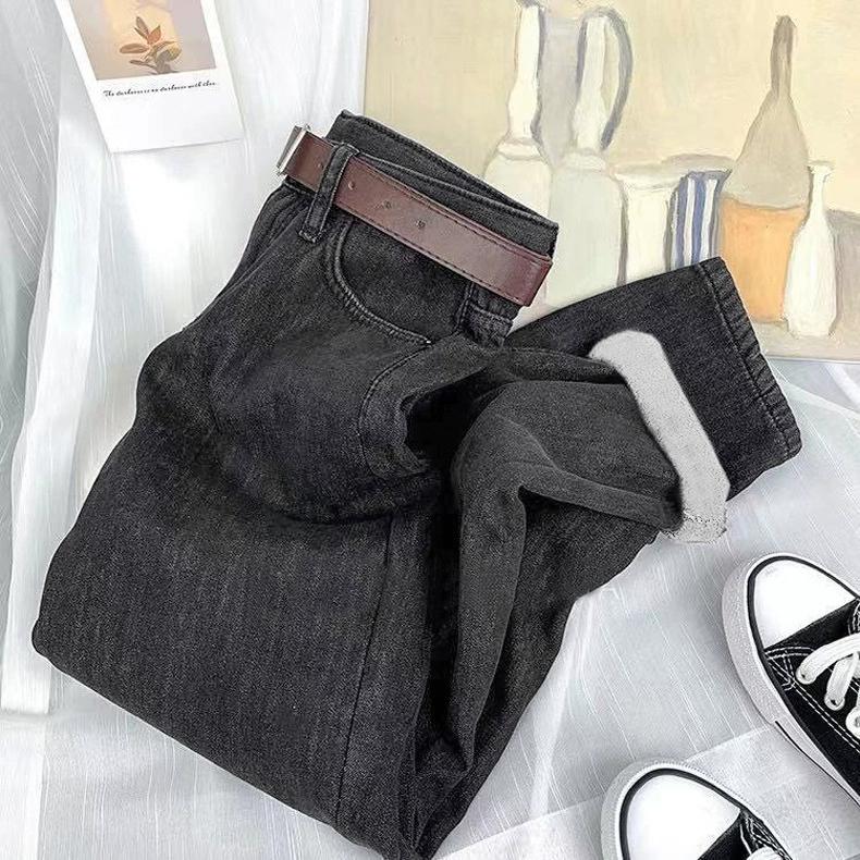 Women's Autumn Winter Thickened Warm Harun Pants Straight Leg Slim Women's Fashion Jeans Casual Pants