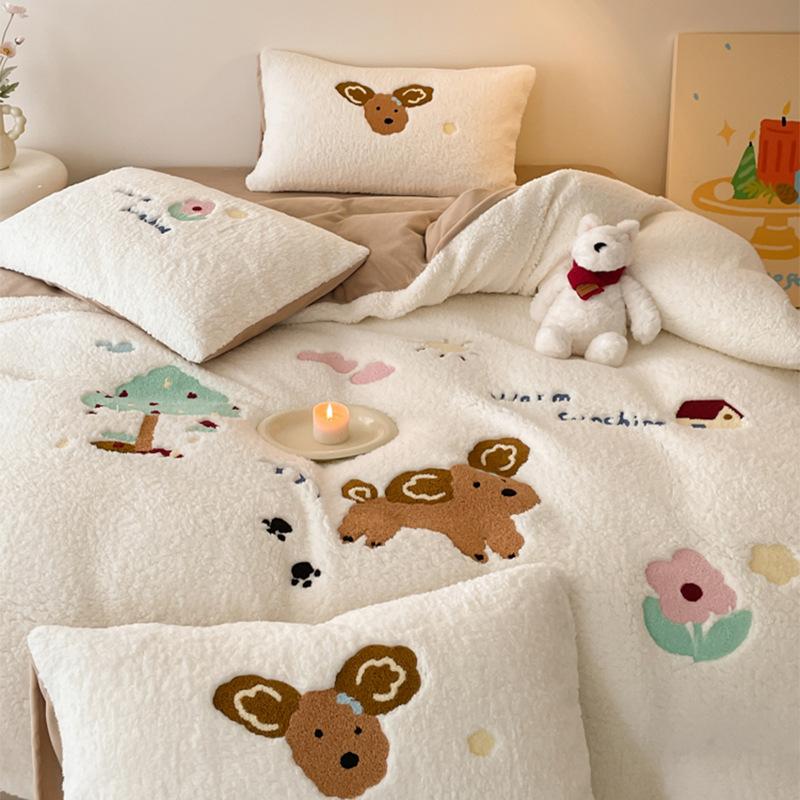 Cartoon Lamb Fleece Four-Piece Set Thickened Milk Fleece Bed Sheet Quilt Cover Coral Fleece Fleece Bedding