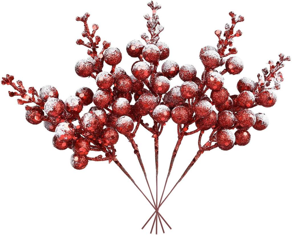 16 Pack Christmas Glitter Berries Stems, 8" Artificial Christmas Picks Snowy Berry Stems for Christmas Tree Ornaments, DIY Xmas Wreath, Crafts,Holiday
