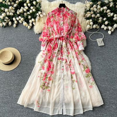 Autumn Long Sleeve Floral Maxi Chiffon Dress Women Print Dresses A Line Loose Big Size Single Breasted Elegant Party Dresses