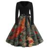Women Casual Long Sleeve V Neck Vintage Dress Halloween Print Retro Style A Line Midi Dress with Waist Tie Belt