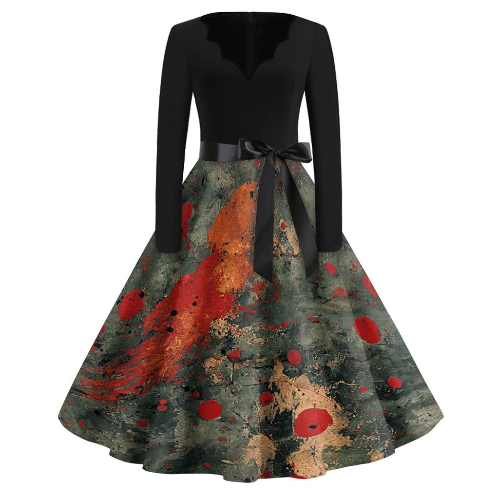 Women Casual Long Sleeve V Neck Vintage Dress Halloween Print Retro Style A Line Midi Dress with Waist Tie Belt