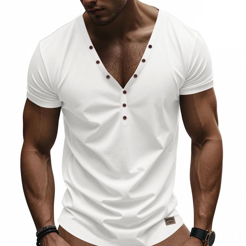 New American Style Men's Summer Short Sleeve T-Shirt, Slim Fit Trendy Deep V-Neck Button Henley Shirt