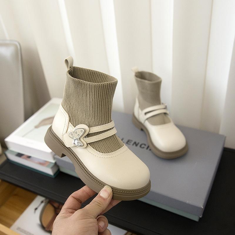 Girls Knitted Boots 2025 Autumn Children's Socks Splicing Small Leather Shoes Catwalk Short Boots Princess Socks Boots Tide