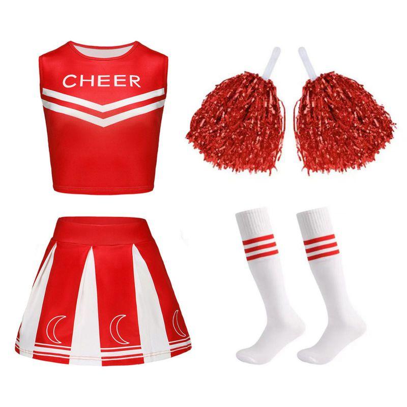 4-12 Years Kids Girls Cheerleader Costume Set Sleeveless Top Skirt Pompoms and Socks