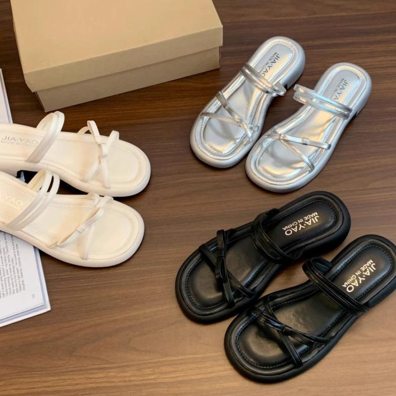 Silver bow slippers women's summer wear new fashion sandals with skirt thick heel cool slippers
