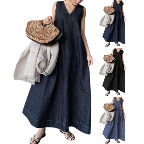 Damen-Maxikleid, locker, ärmellos, Weste, einfarbig, V-Ausschnitt, lockerer Saum, weich, A-Linie, knöchellang, Damen-Sommer-Dating-Kleid
