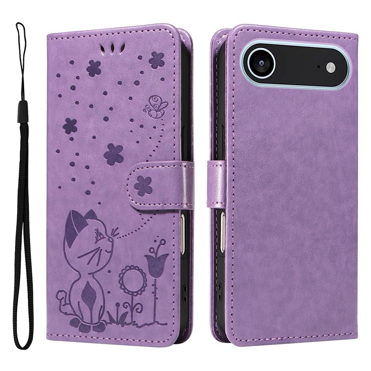 

For iPhone 17 Air Leather Wallet Case Cat Bee Pattern Phone Cover Stand Purple