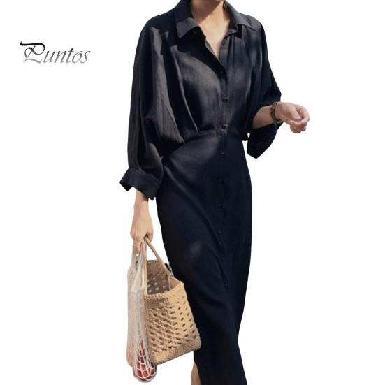 

Женское весенне-осеннее платье, однотонное однобортное платье со свободными лацканами, мягкое плиссированное платье макси в стиле ретро с длинными рукавами и длинными рукавами L чёрный