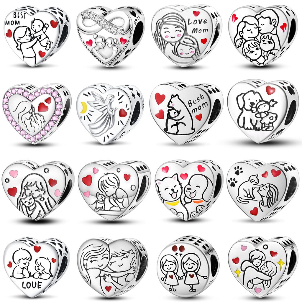 Copper Heart Shaped Charms Bead Family Friend Lover Mother'S Day Pets Dangle Fit Original Bangle Bracelets Diy Jewelry Gift
