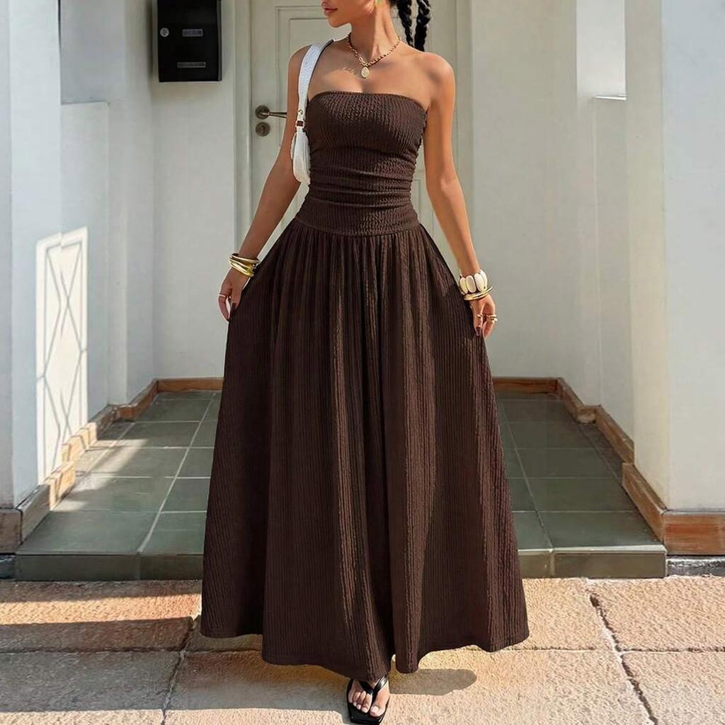 Sleeveless Strapless Tube Dress Women's Casual Fashion Slim Fit Elegant Long Maxi Dress with Pleated Skirt Design for Summer