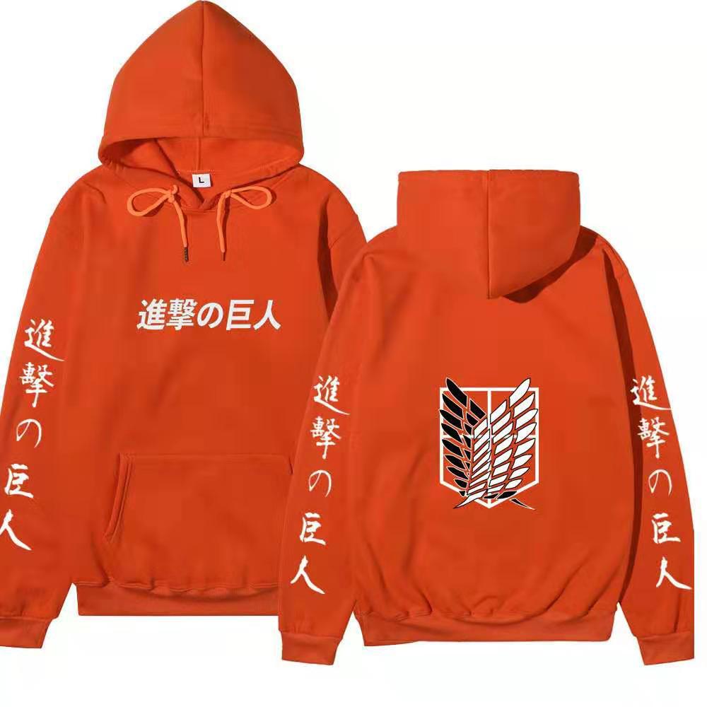 Attack on Titan Unisex Fleece Hoodie Front Japanese Text, Back Wings of Freedom Logo Autumn Winter Casual Pullover