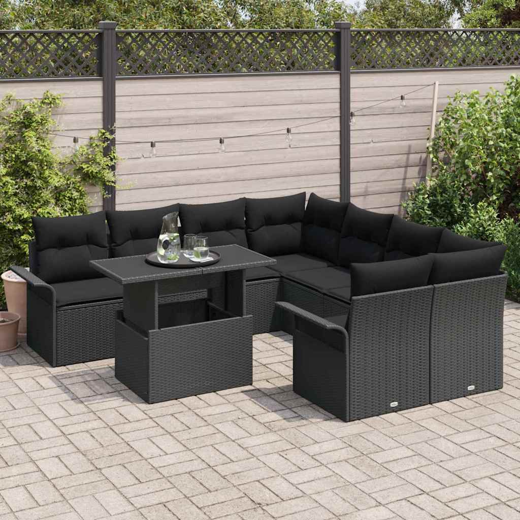9 Piece Garden Sofa Set with Cushions Black Poly Rattan