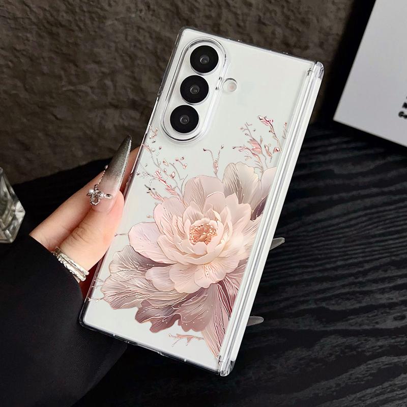 Magnetic Adsorption Phone Case For Samsung Galaxy Z Fold 7 6 5 Fold7 Fold6 Fold5 5G Flower Print Anti Scratch Clear Back Cover