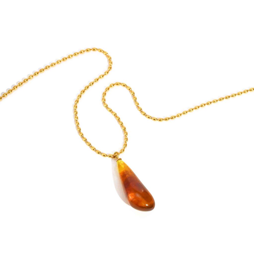 Fashion Vintage Resin Water-drop Shaped Pendant Stainless Steel Rice Beads Chain Necklace for Women Luxury Jewelry Daily&Party