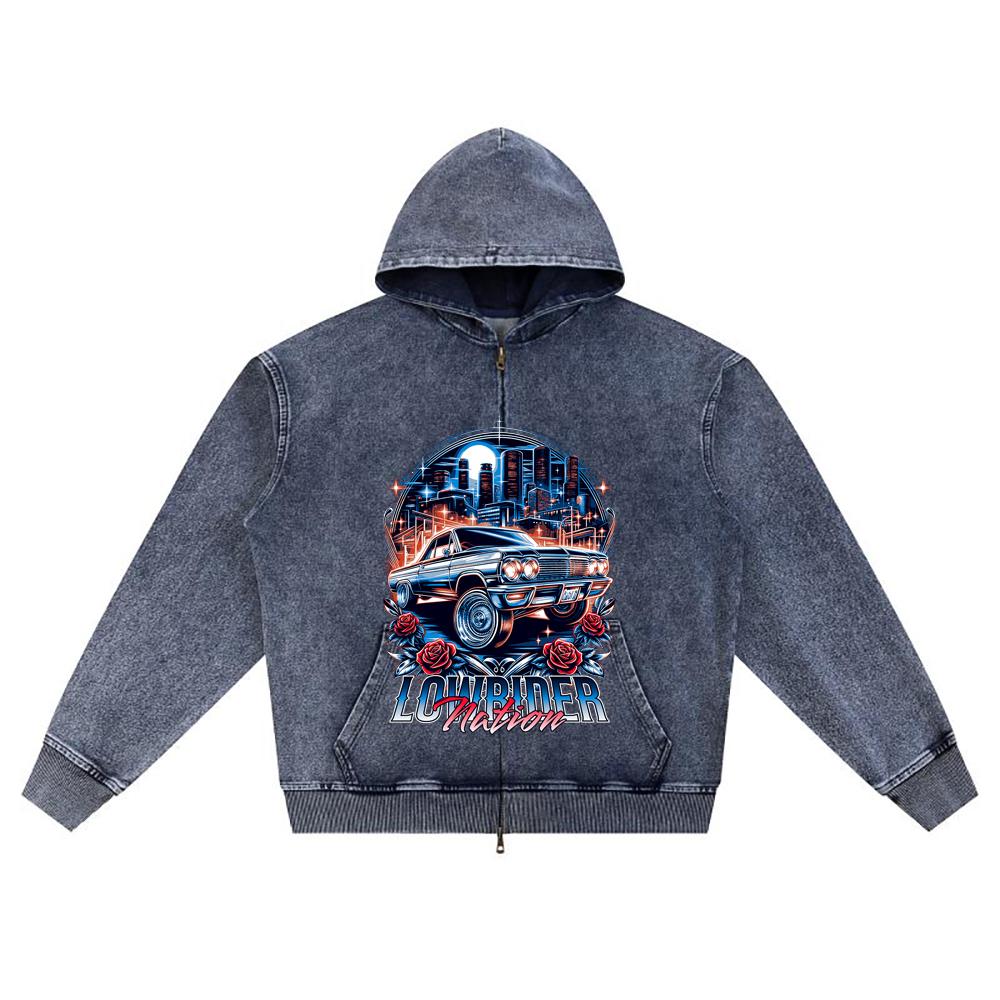 DTG Print Knitted Denim Zip-Up Hoodie Lowrider Nation Brother Print Zipper Hoodies  