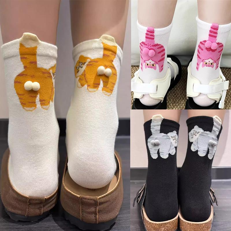 Spring and Summer Couple Socks Cute Mid Tube Versatile Women's Pile Socks Four Season Socks Cartoon Cat Jingle Egg