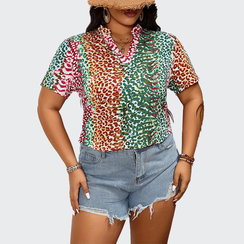 

Женская летняя модная леопардовая блузка с короткими рукавами больших размеров 5XL