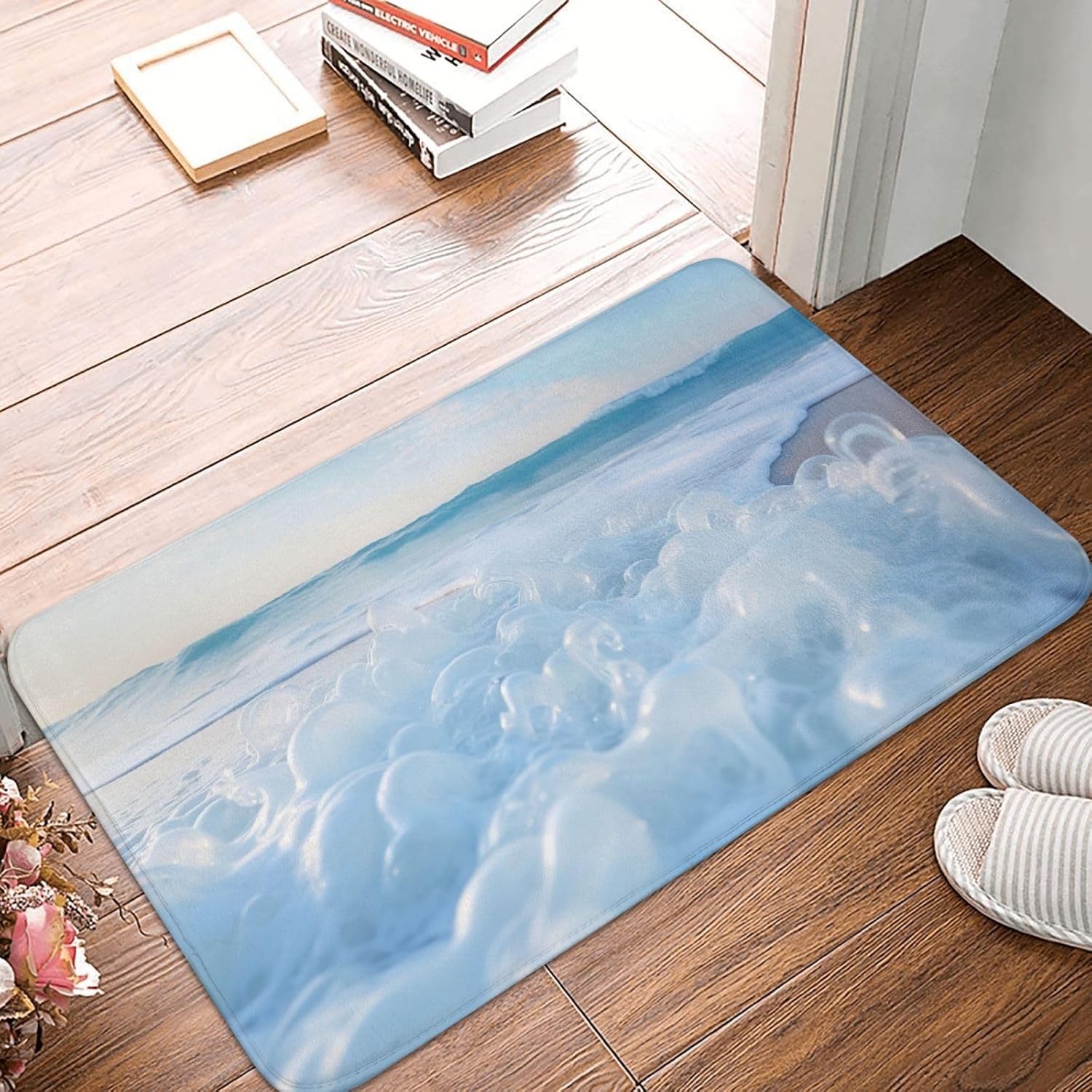Beach Foam Wave Print Front Door Rug for Indoor Outdoor Entrance,Welcome Mat with Flannel Fabric 40x60cm