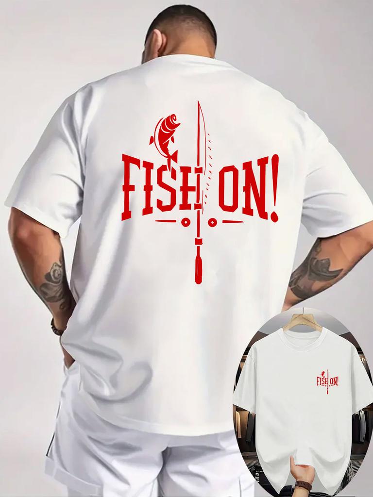 2026 New Year Hot Selling Mens Graphic Tshirts with Fishing Patterns  White with Red FISH ONMens Round Neck Short Sleeve