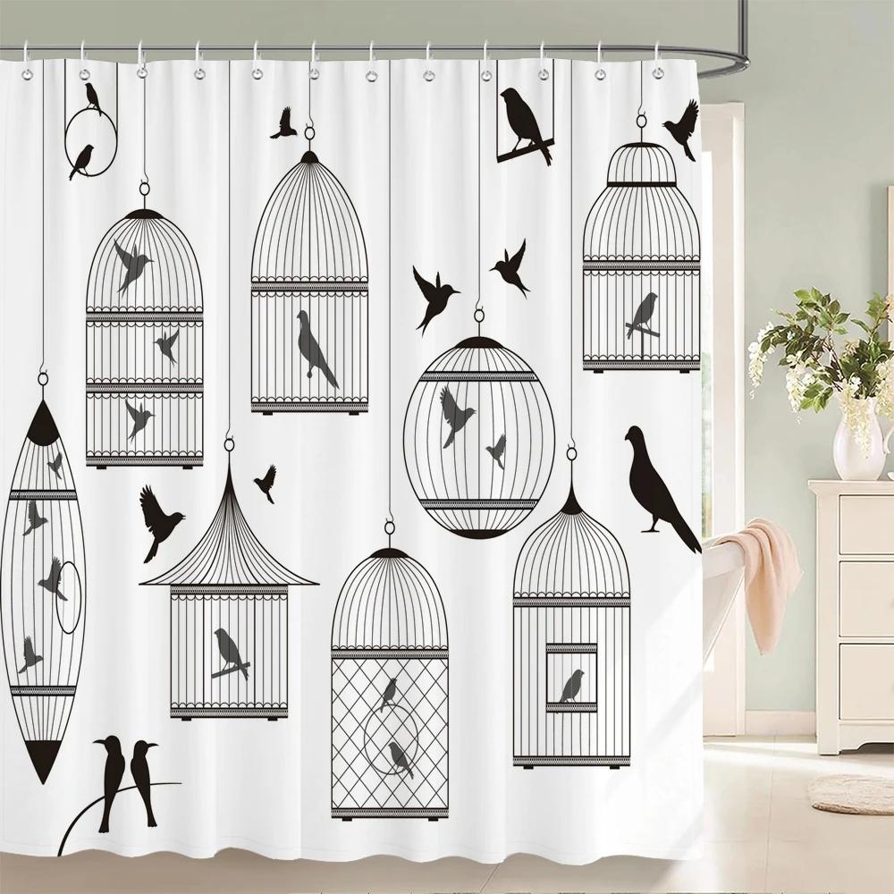 Nordic Minimalist Art Printing Shower Curtain, Waterproof Fabric Flower And Leaf Bird Pattern Bathroom Curtain For Bathtub Decor