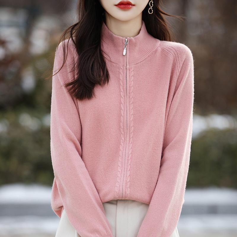 Autumn And Winter New 100 Wool Cardigan Women'S Semi-Turtleneck Zipper Sweater Jacket Wool Knitted Bottoming Shirt Top