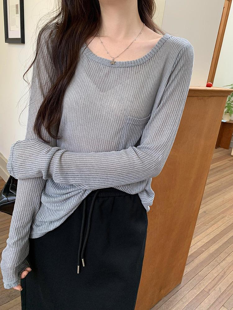 

Футболка с длинным рукавом с микро-отверстием, женская летняя новая корейская свободная солнцезащитная блузка с круглым вырезом L