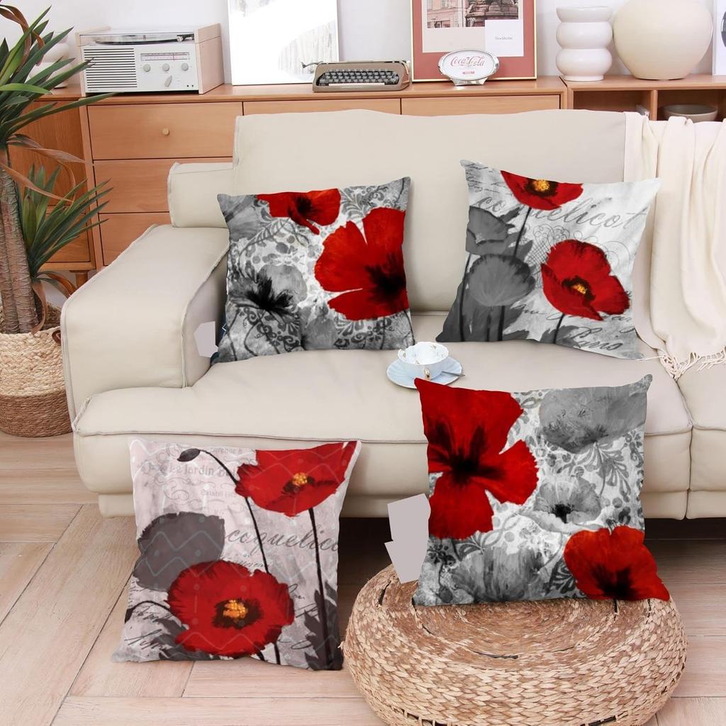 Red Gray Poppy Pillow Coversbedroom Sofa Decorative Cushion Cover With Zipper Soft Cushion Cover