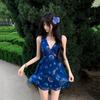 Retro Printed V-neck Vest Dress Women's Summer New Temperament Waist Thin Holiday Style A-word Short Skirt