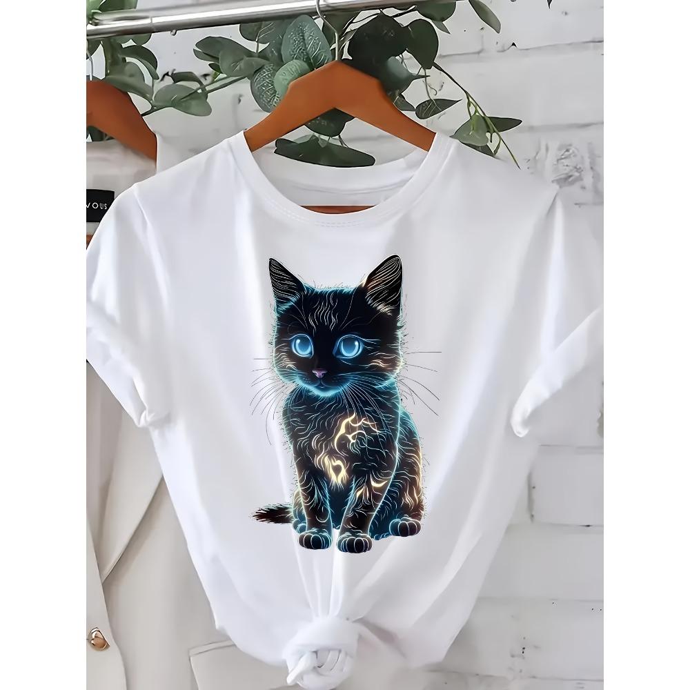 Women Cotton Short Sleeves T-shirts Neon Glow Kitten Women's Tee Futuristic Cat Graphic Casual Black Top