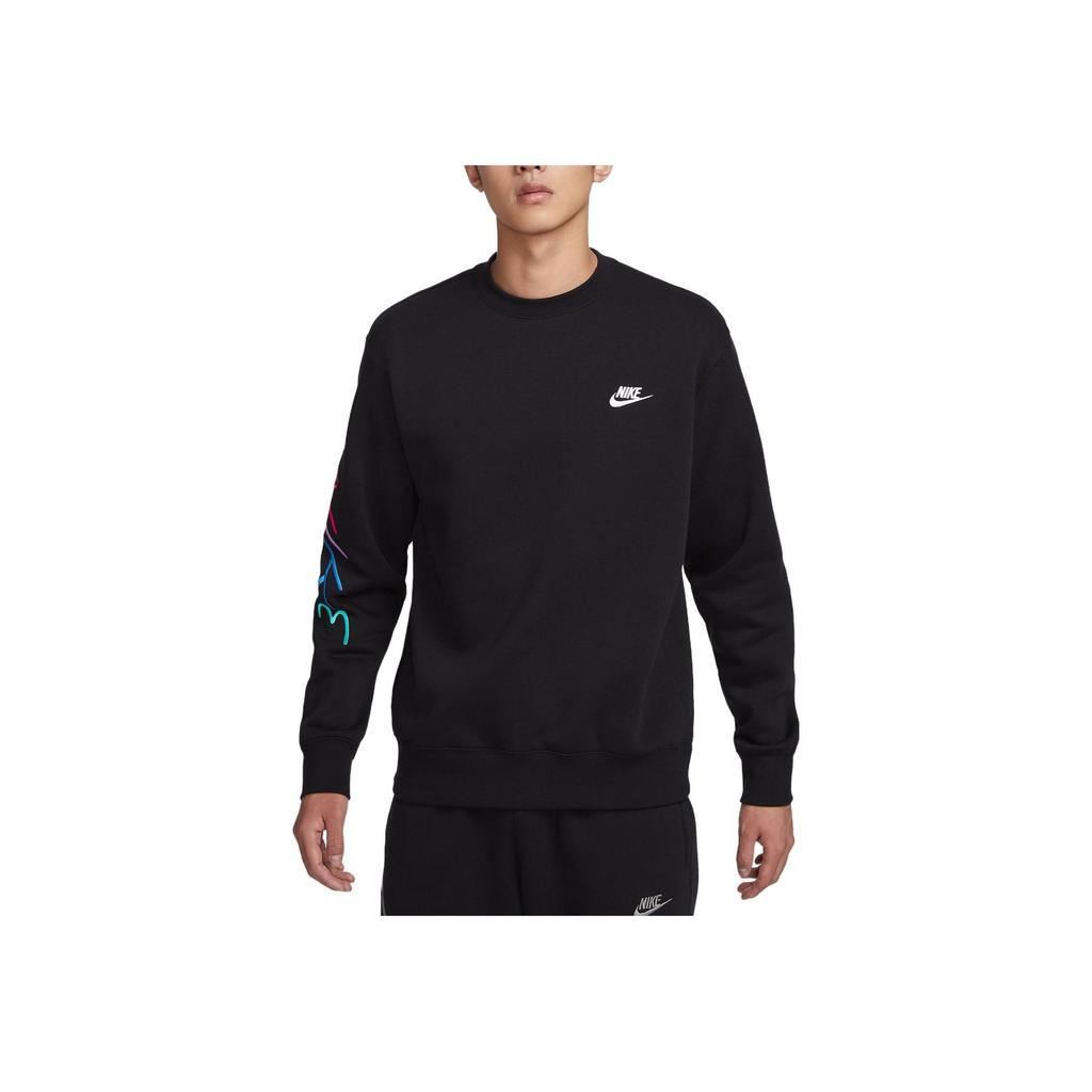 Nike Club Fleece Logo Embroidered Crew Neck Pullover Men Sweatshirt Black FB7476-011