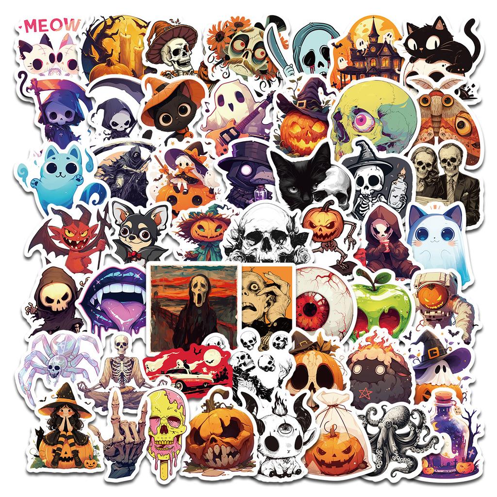 50 Halloween Stickers Skull Pumpkin Witch Grim Reaper Black Cat Cartoon Graffiti Stickers Halloween Stickers