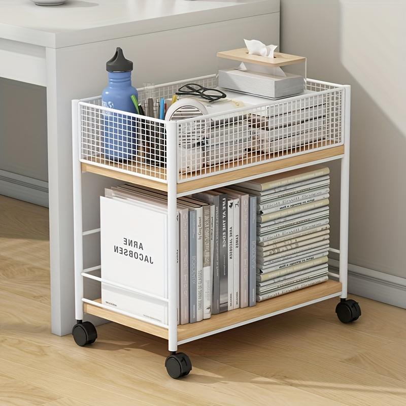 Rolling Bookshelf with Wheels, Metal Mesh Storage Organizer Rack for Home Office,No Assembly Required, Space Saving Utility Cart