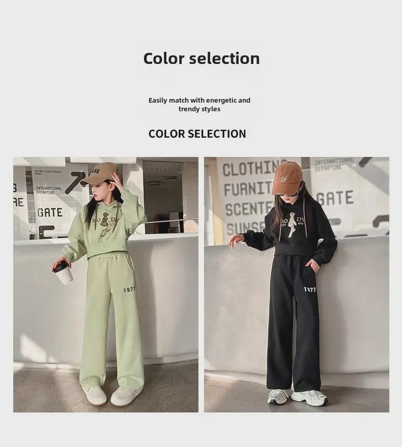 Girls' Spring/Autumn Letter Casual Hooded Sweatshirt & Trousers Set - Internet Celebrity Style Two-Piece Suit