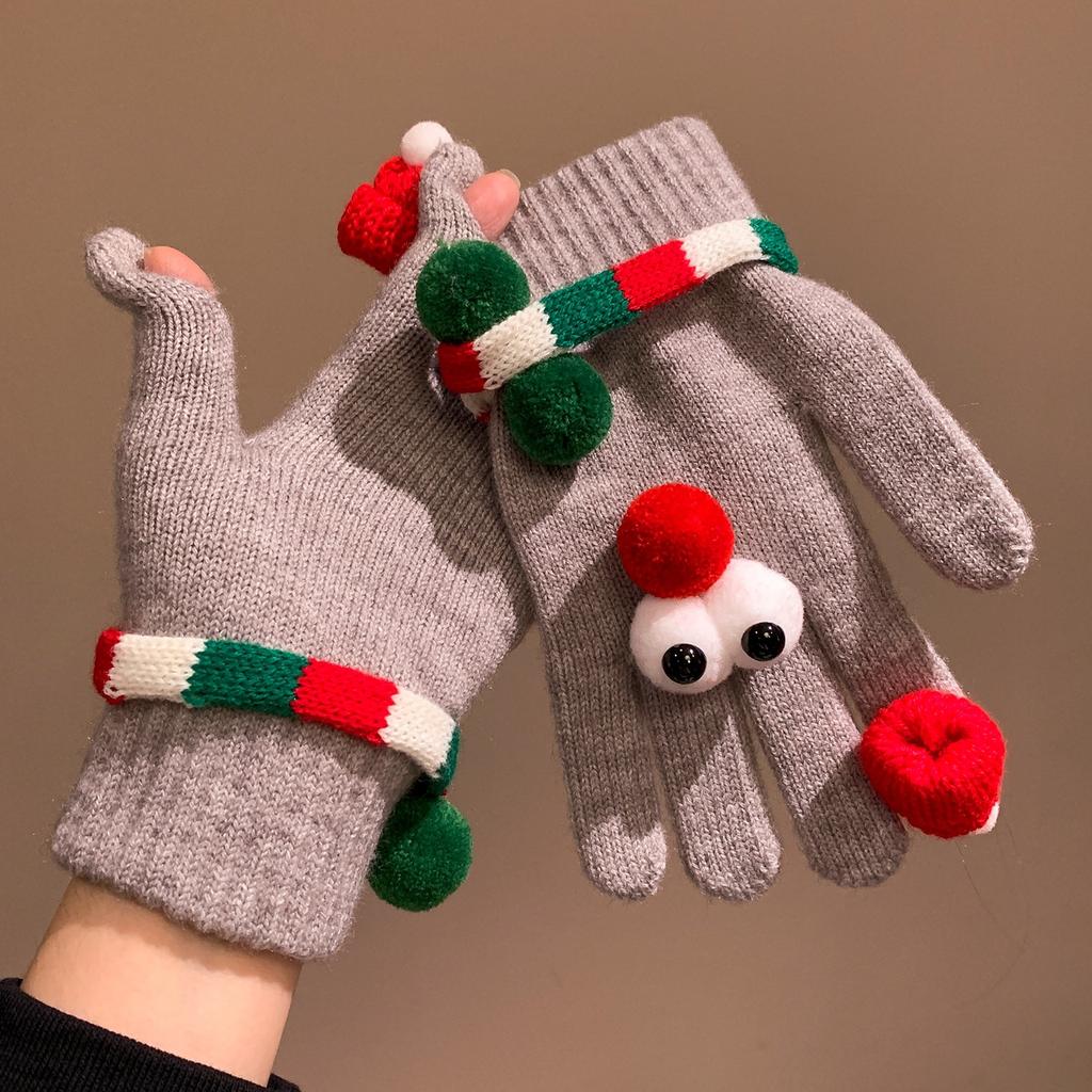 Funny and Cute Red Christmas Tree Big Eyed Gloves for Women In Winter Knitted Plush Warm Five Finger Windproof and Cold Proof