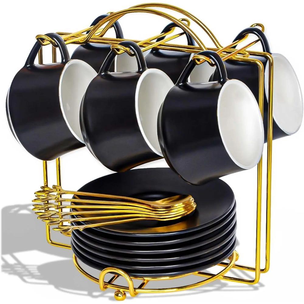 

Порцелянові штабельовані чашки для еспресо з блюдцями, ложками та металевою підставкою 3 унції Маленькі чашки для кави капучино Набір з 6 штук other