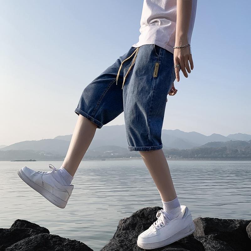 Summer Thin Five Quarter Denim Shorts Men's Seven Quarter Pants Loose Straight Leg Drawstring Elastic Waist Shorts
