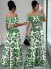 Summer new European and American holiday style one-word shoulder printing long dress women's waist design dress