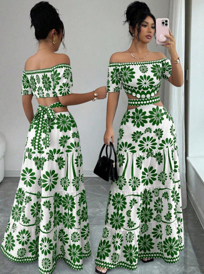 Summer new European and American holiday style one-word shoulder printing long dress women's waist design dress