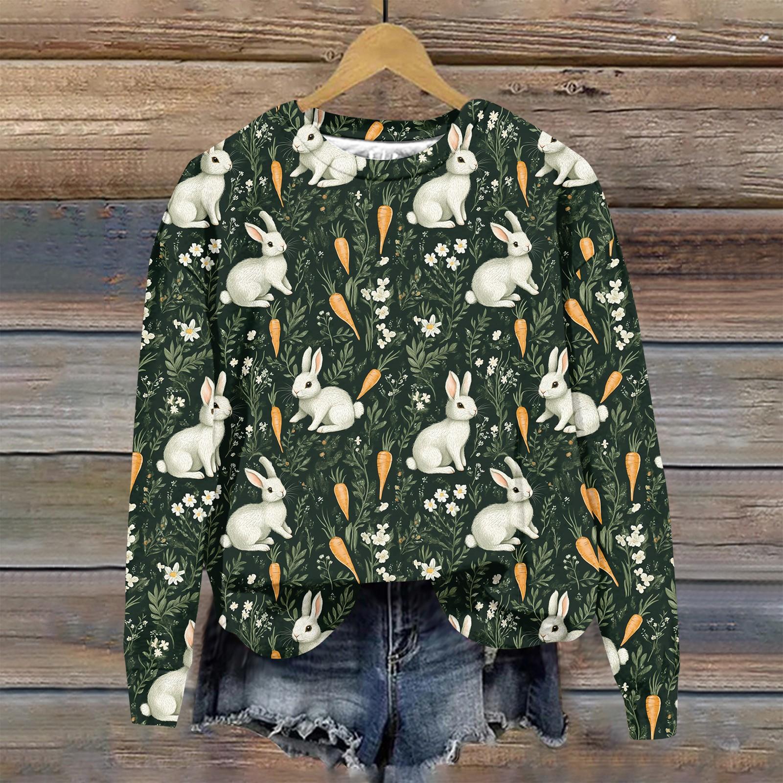 

Женская мода Пасха Печатный Длинный рукав Свободный круглый вырез Толстовка Топ XXL