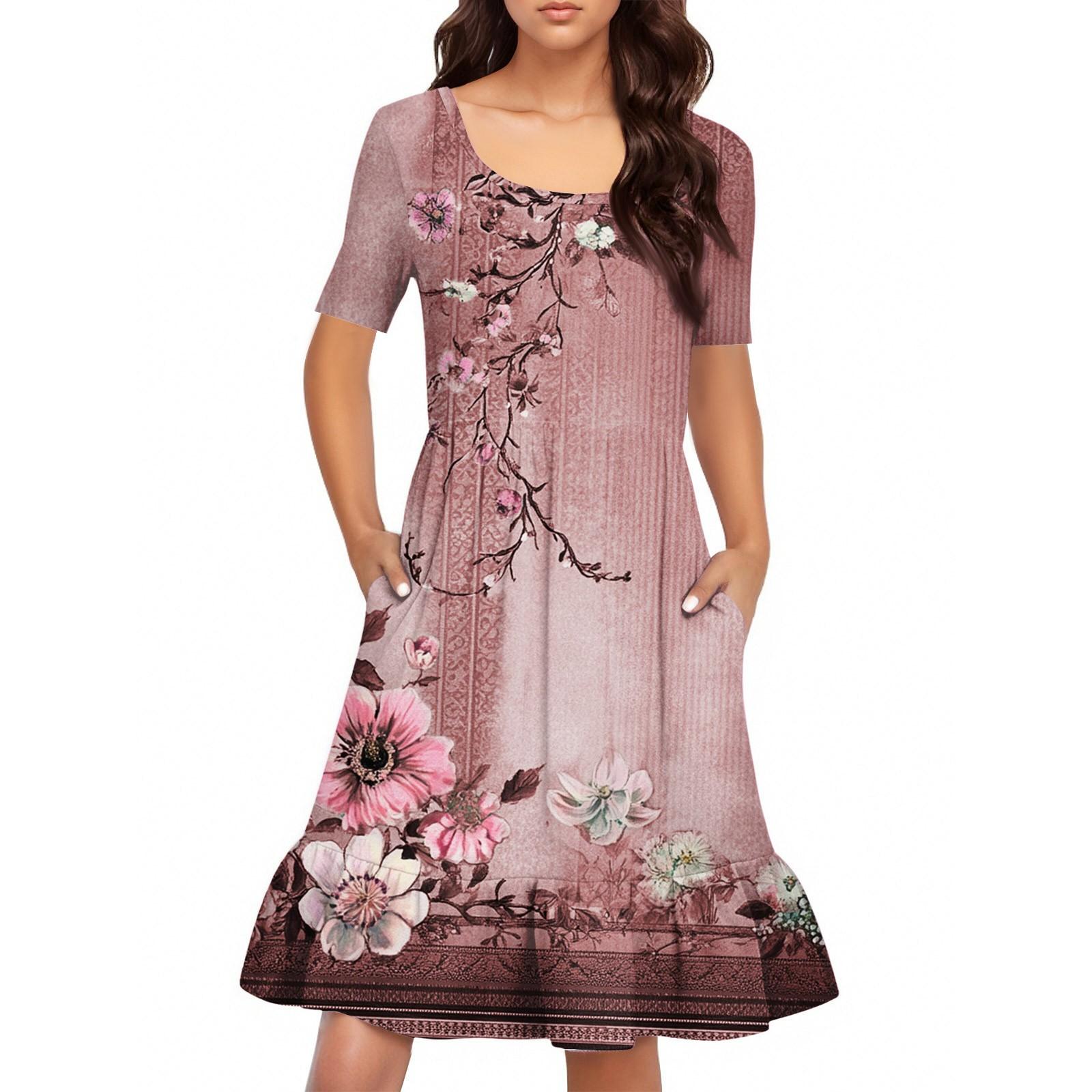 

Женское повседневное платье с круглым вырезом и короткими рукавами. Платье со свободной талией и складками. Платье с складками на талии. XL арбуз красный