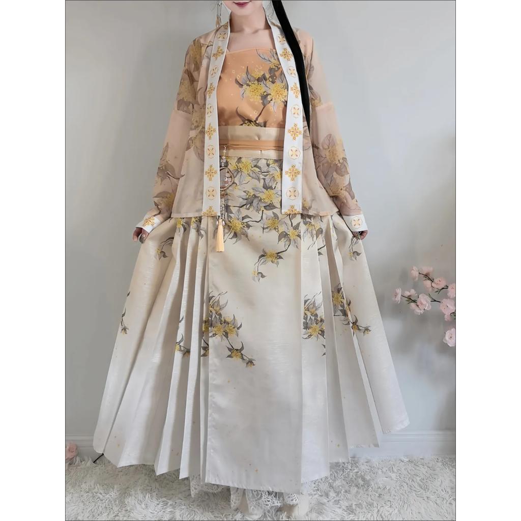 Chinese Ming Dynasty Style horse-face  Skirt Osmanthus Print Daily Suit For Women