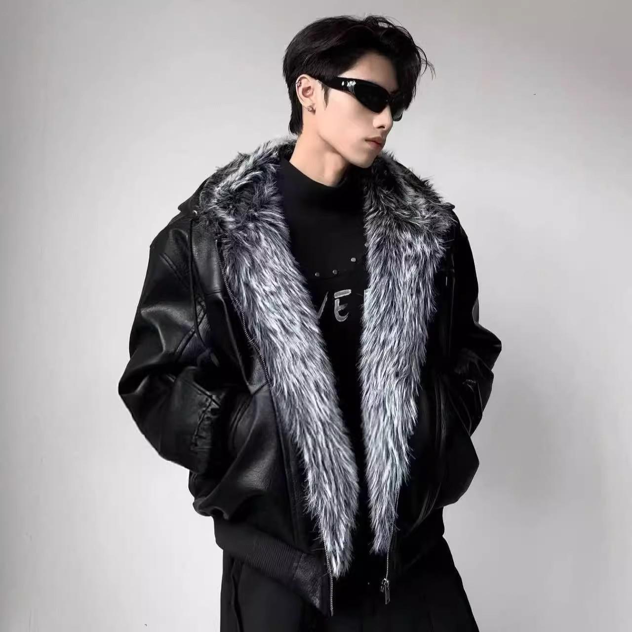 

Men s Trendy Loose Hooded PU Leather Jacket with Fur Collar and Thick Velvet Lining 2XL [suggested weight: 150-180 lbs] чорний