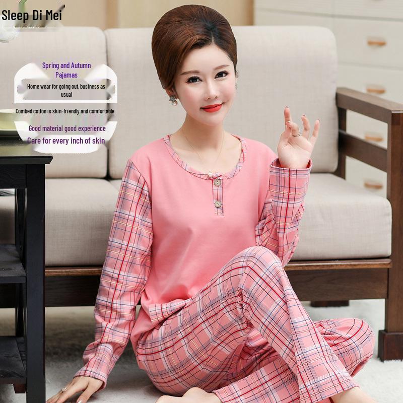 Women's Plus Size Knitted Cotton Home Wear for the Middle-Aged and Elderly - Suitable for Autumn and Spring