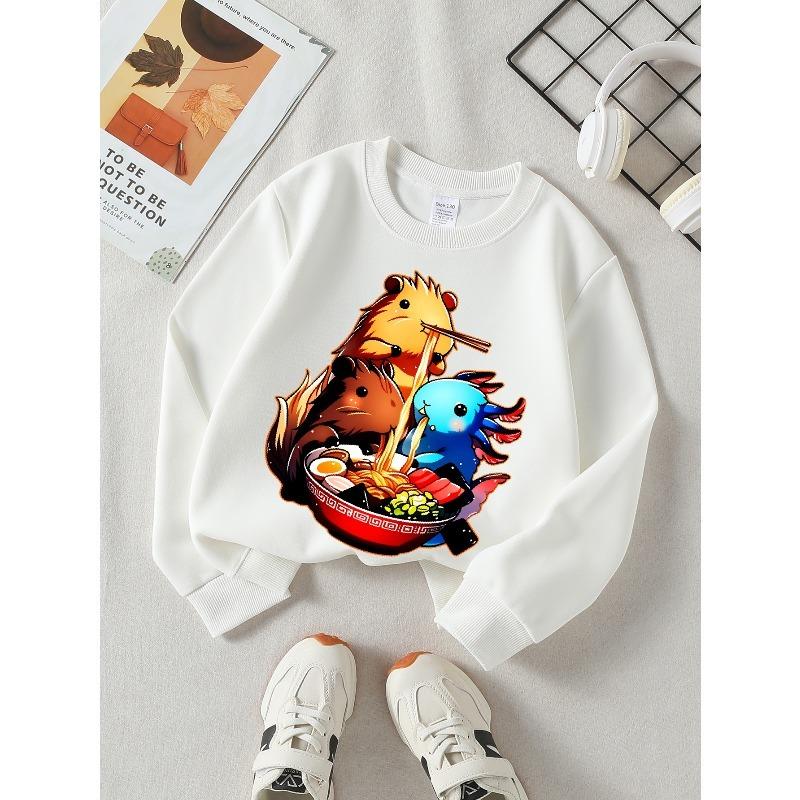 Girls' Crewneck Sweatshirt Cute Animals Enjoying Ramen Bowl Machine Washable, Spring And Autumn, Sportswear And Casual Wear, Soft And Comfortable