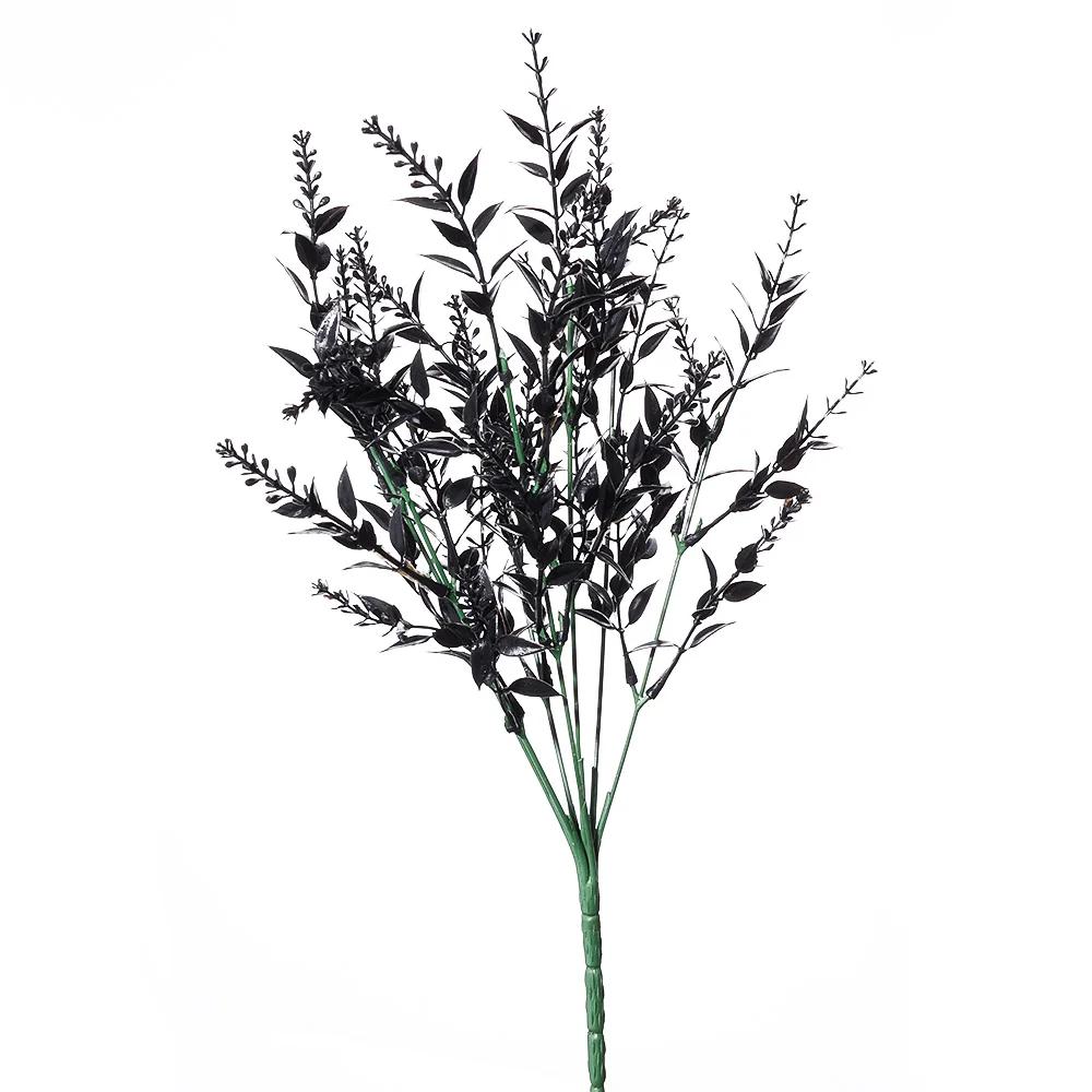 7 Branches Artificial Black Eucalyptus Leaves Plastic Plants Persian Fern Halloween Fake Flower Bouquet Home Office Decoration