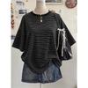New Y2K Striped Digital Print Casual Oversized Mid-Length Round Neck Drop Shoulder Women Tshirt Street Fashion Casual Sports Top